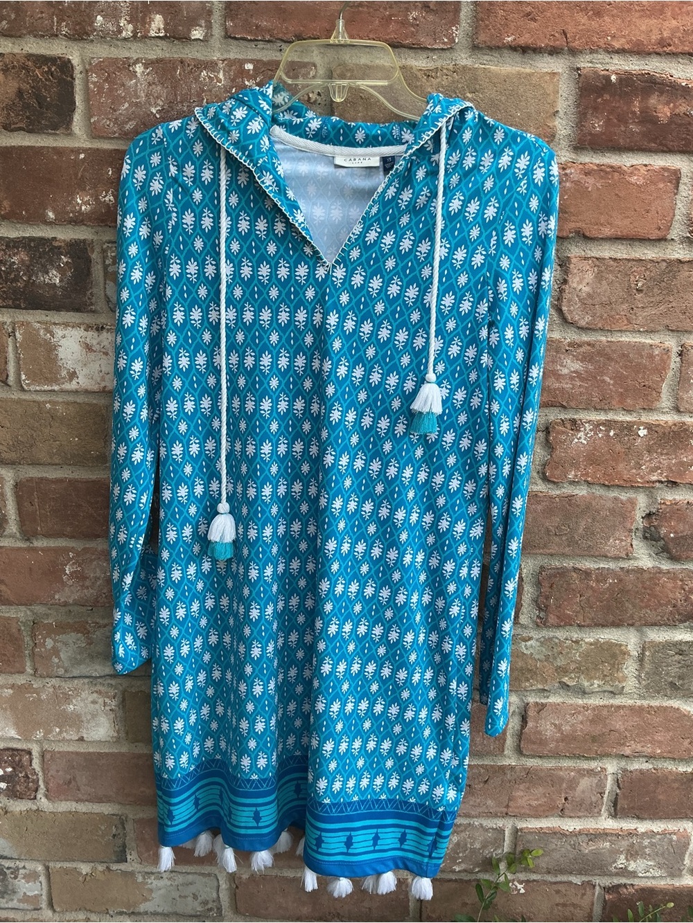 Cabana life Turquoise Printed Hooded Tunic with Tassel Ties XS